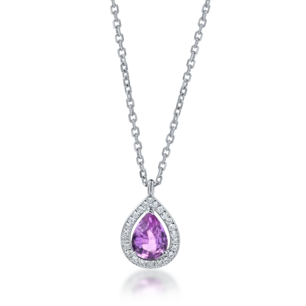 Lant cu pandantiv lacrima din aur alb cu safir roz si diamante de 0.8ct