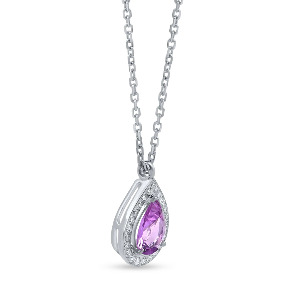 Lant cu pandantiv lacrima din aur alb cu safir roz si diamante de 0.8ct - imagine 2