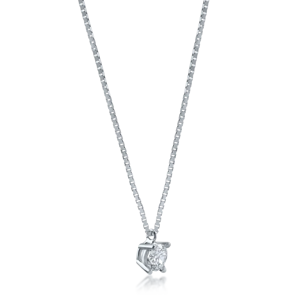 Lant cu pandantiv minimalist din aur alb cu zirconia solitaire - imagine 2