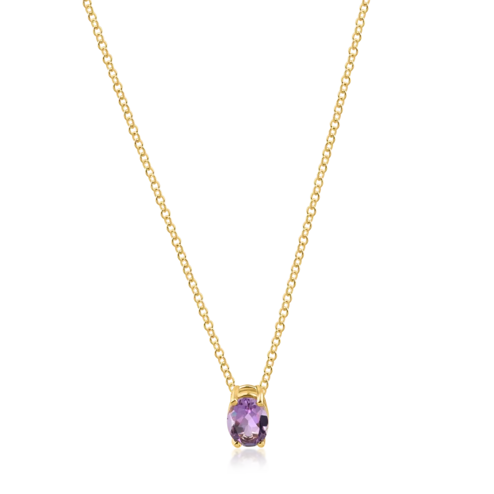 Lant cu pandantiv minimalist din aur galben cu zirconia mov solitaire