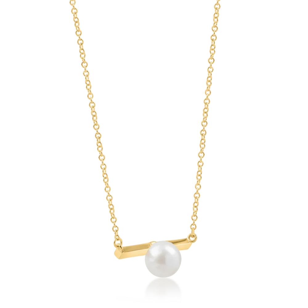 Lant cu pandantiv minimalist si perla sintetica din aur galben - imagine 2