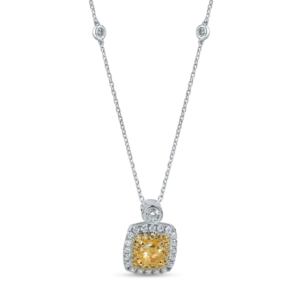 Lant cu pandantiv patrat din aur alb-galben cu diamante galbene galbene cushion si rotunde si diamante incolore de 1.3ct