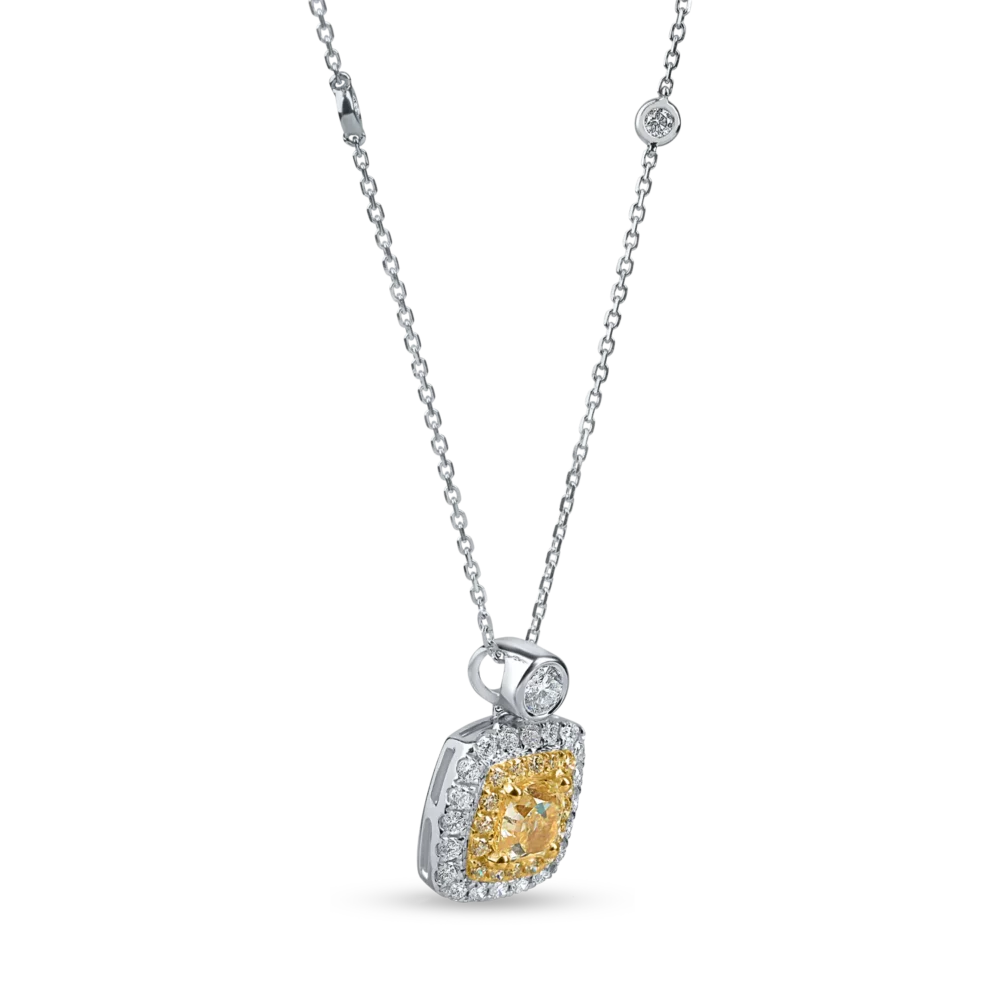 Lant cu pandantiv patrat din aur alb-galben cu diamante galbene galbene cushion si rotunde si diamante incolore de 1.3ct - imagine 2