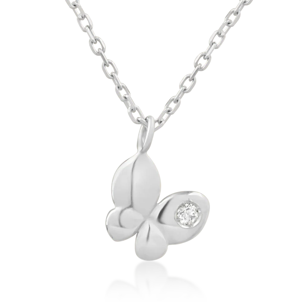 Lant cu pandantiv pentru copii cu fluturas din aur alb cu diamant de 0.02ct
