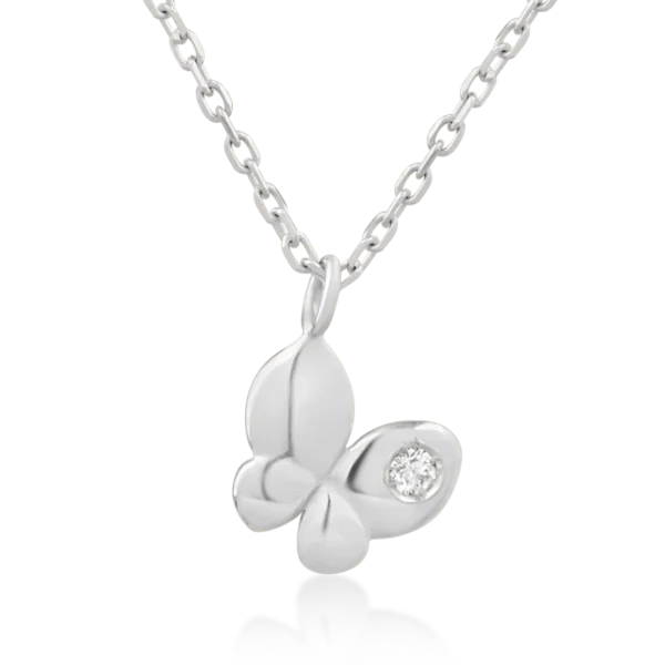 Lant cu pandantiv pentru copii cu fluturas din aur alb cu diamant de 0.02ct