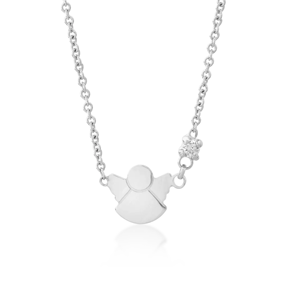 Lant cu pandantiv pentru copii cu ingeras din aur alb cu diamant de 0.02ct