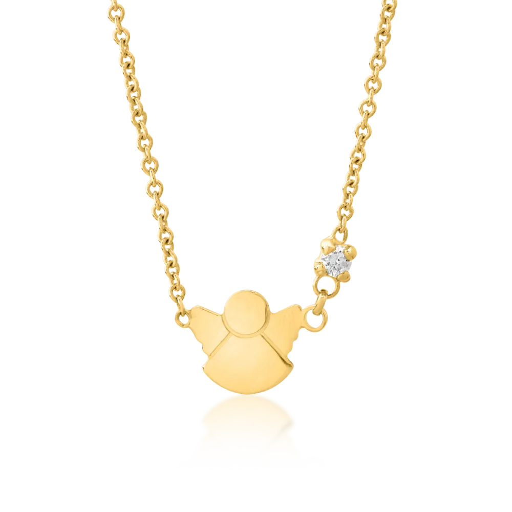 Lant cu pandantiv pentru copii cu ingeras din aur galben cu diamant de 0.02ct
