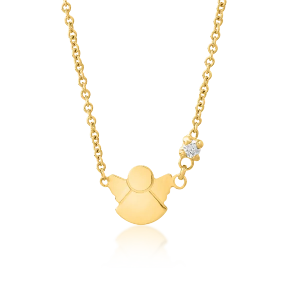 Lant cu pandantiv pentru copii cu ingeras din aur galben cu diamant de 0.02ct