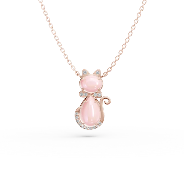 Lant cu pandantiv pisicuta pentru copii din aur roz cu quartz trandafiriu pear si oval de 1.3ct si diamante de 0.03ct