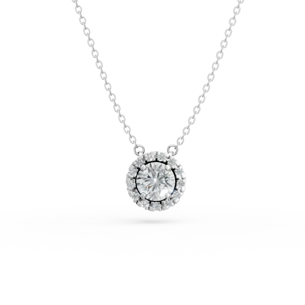 Lant cu pandantiv rotund din aur alb cu diamante de 0.6ct create in laborator