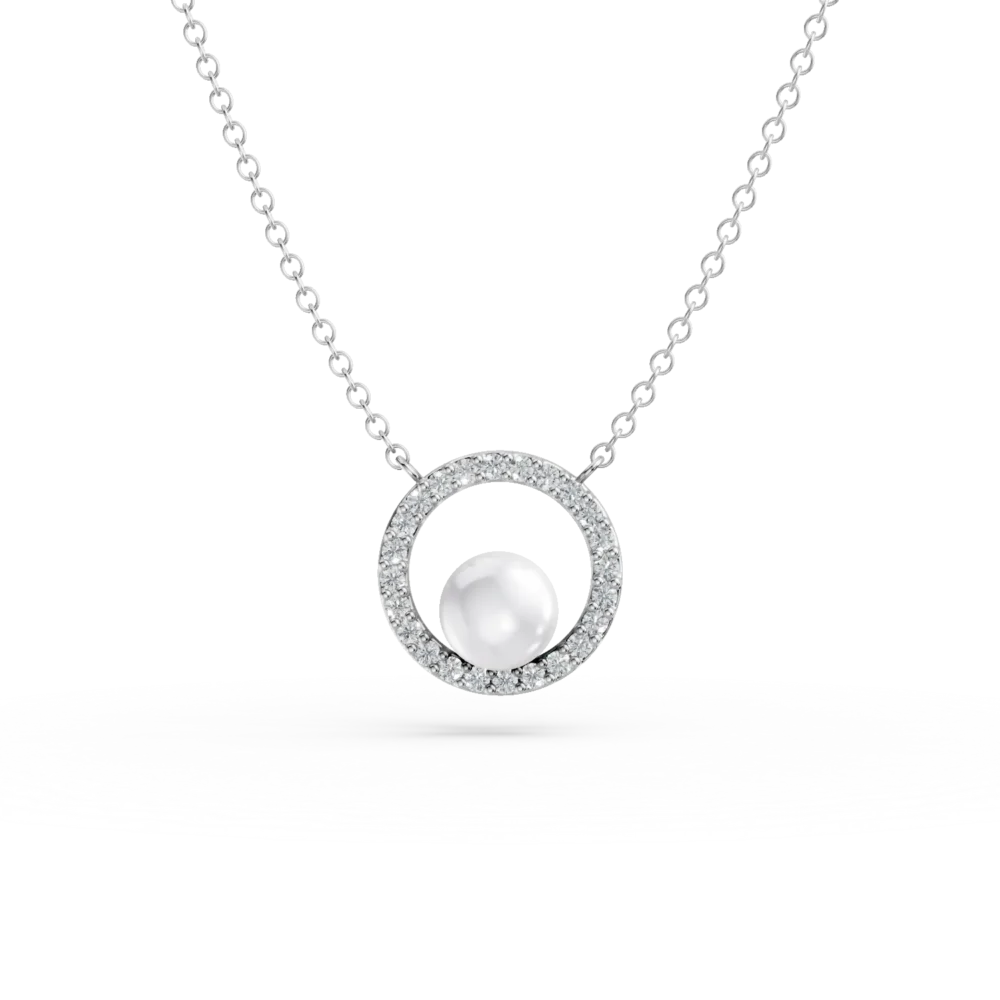 Lant cu pandantiv rotund din aur alb cu perla sintetica si zirconii