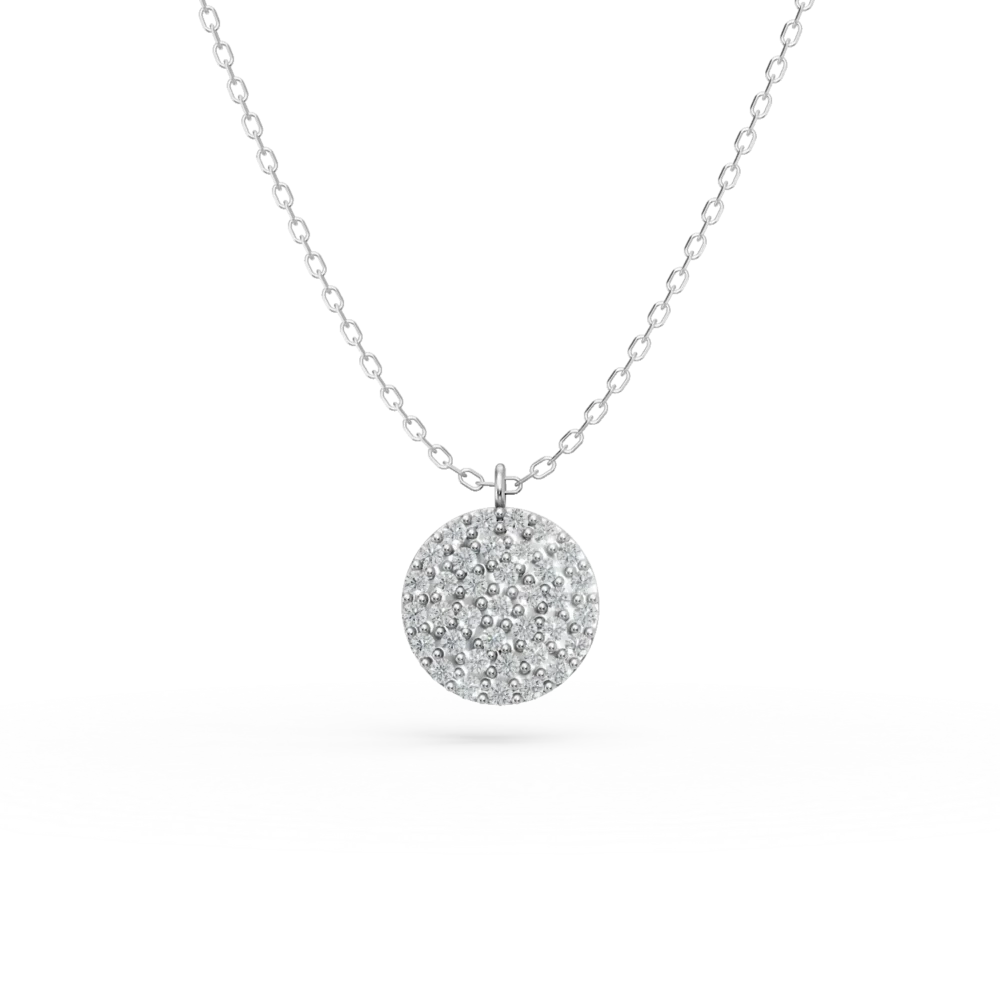 Lant cu pandantiv rotund din aur alb cu zirconii microsetting