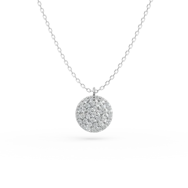 Lant cu pandantiv rotund din aur alb cu zirconii microsetting