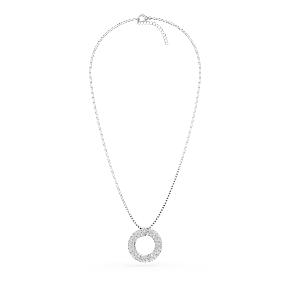 Lant cu pandantiv rotund din aur alb cu zirconii - imagine 2