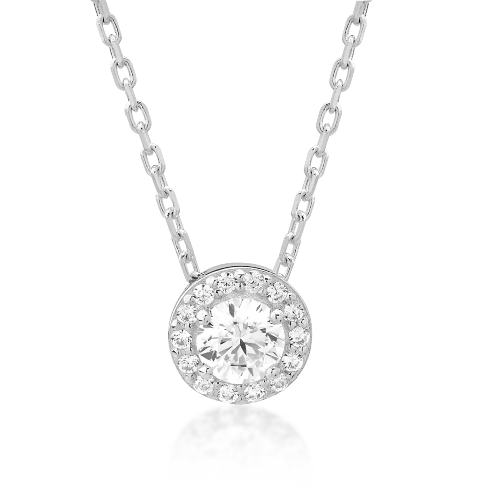 Lant cu pandantiv rotund din aur alb cu zirconii