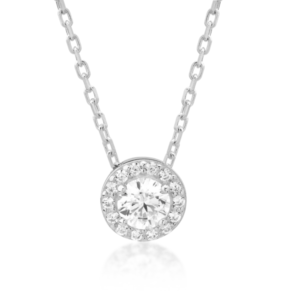 Lant cu pandantiv rotund din aur alb cu zirconii