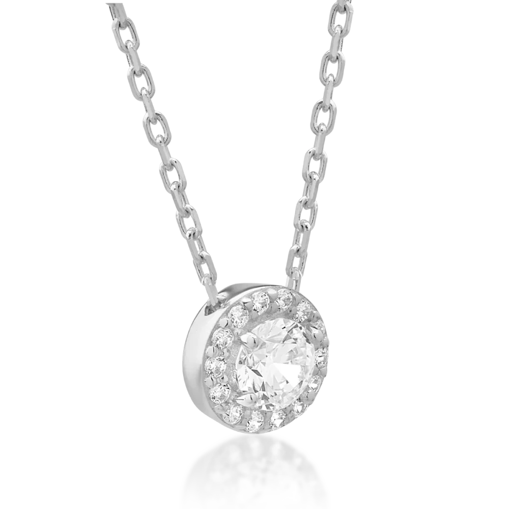 Lant cu pandantiv rotund din aur alb cu zirconii - imagine 2