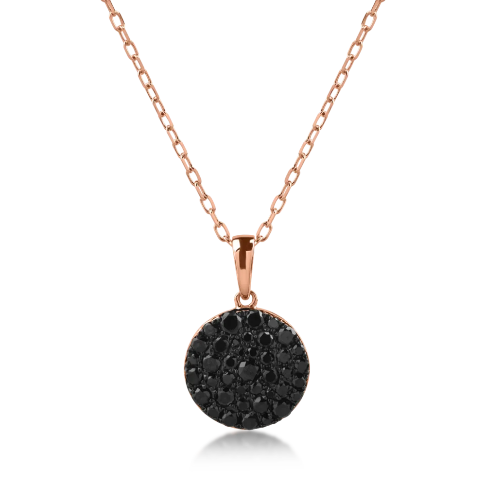 Lant cu pandantiv rotund din aur roz cu diamante negre de 0.3ct