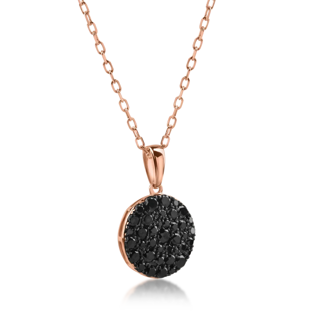 Lant cu pandantiv rotund din aur roz cu diamante negre de 0.3ct - imagine 2