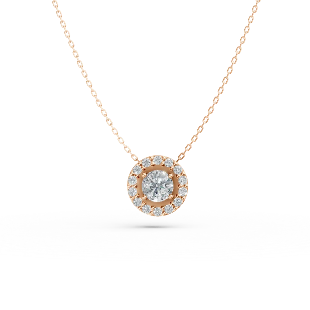 Lant cu pandantiv rotund din aur roz cu zirconii