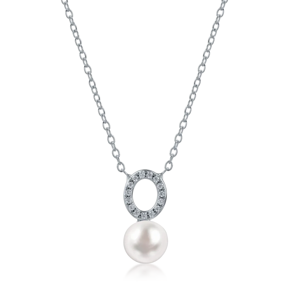 Lant cu pandantiv rotund si perla sintetica din aur alb