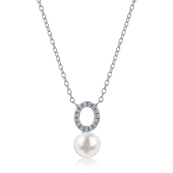 Lant cu pandantiv rotund si perla sintetica din aur alb