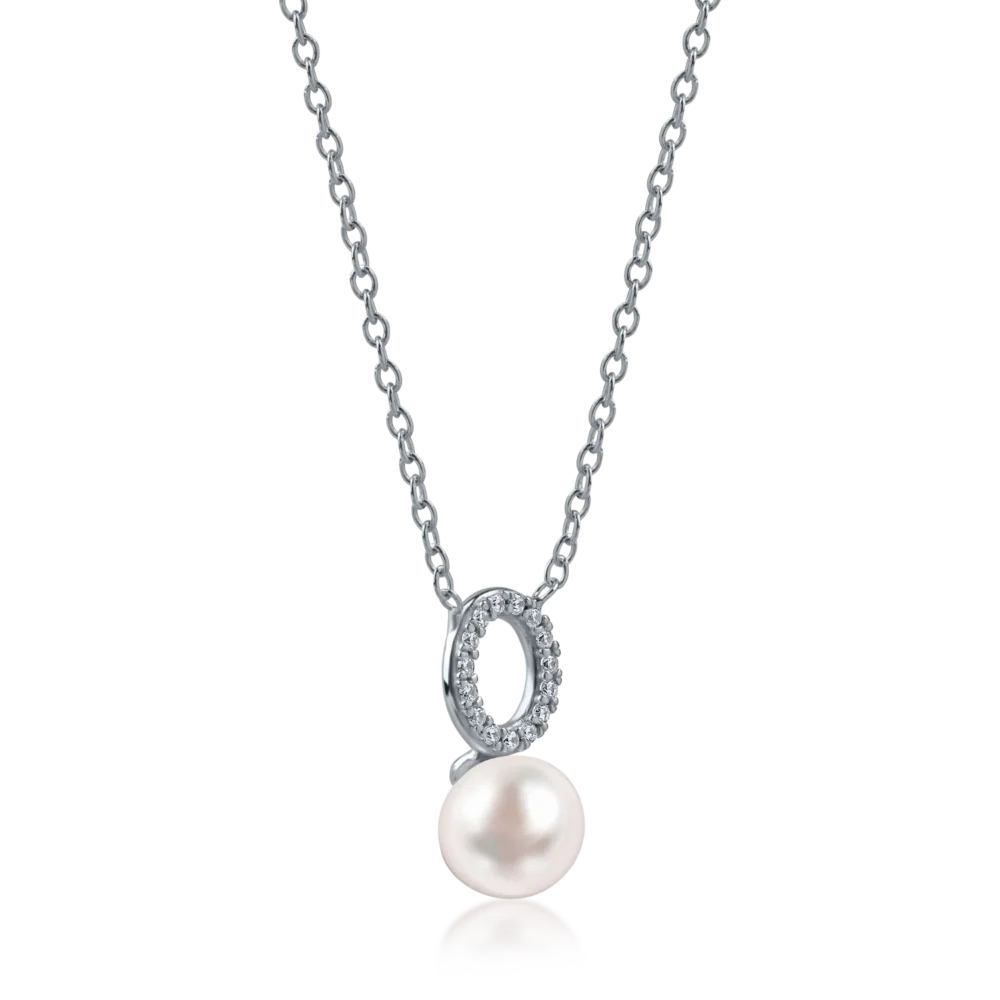 Lant cu pandantiv rotund si perla sintetica din aur alb - imagine 2