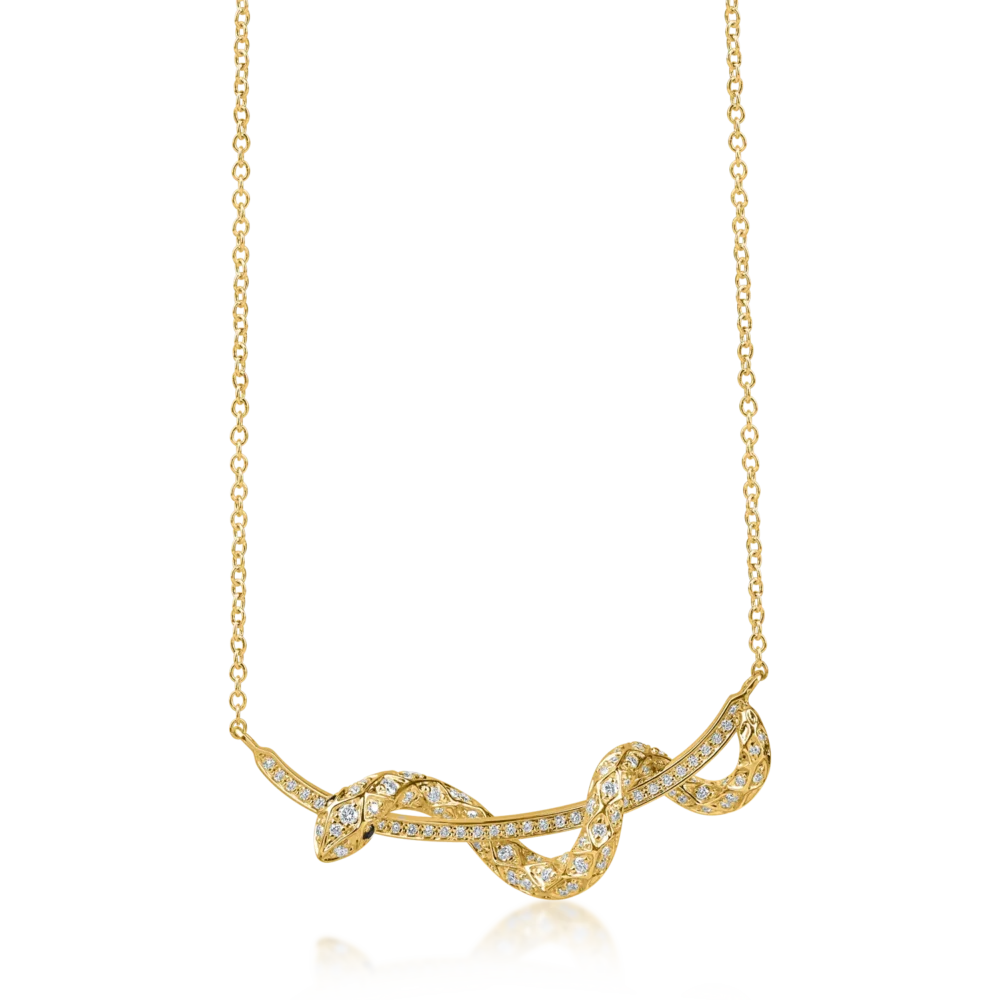 Lant cu pandantiv sarpe din aur galben cu diamante incolore si negre de 0.5ct