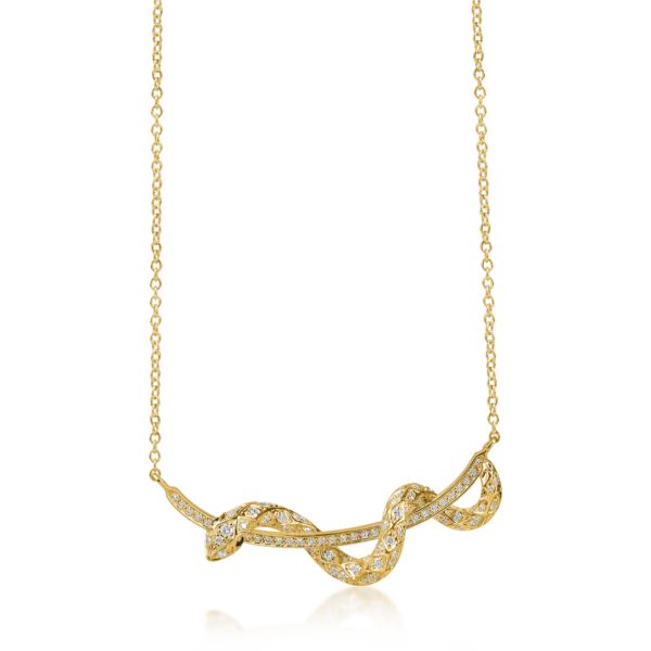 Lant cu pandantiv sarpe din aur galben cu diamante incolore si negre de 0.5ct