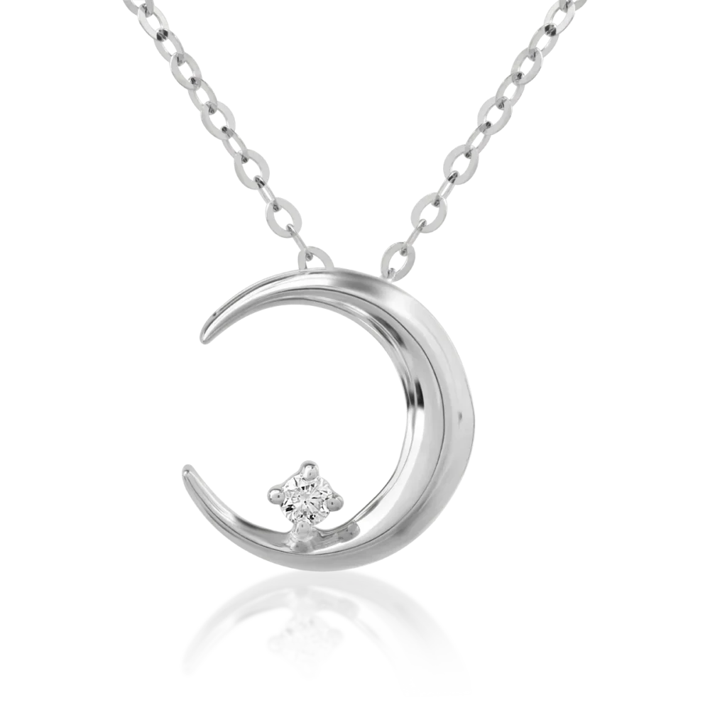 Lant cu pandantiv semiluna din aur alb cu diamant de 0.016ct