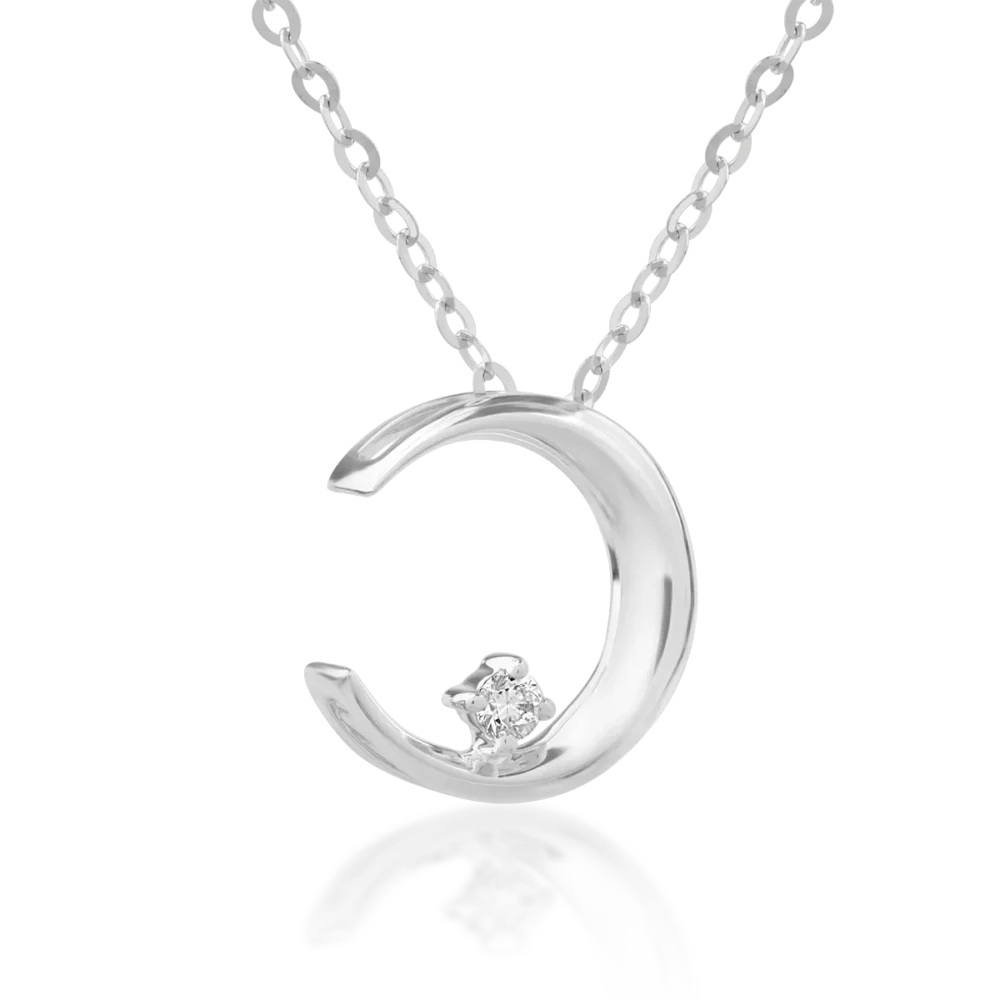 Lant cu pandantiv semiluna din aur alb cu diamant de 0.016ct - imagine 2