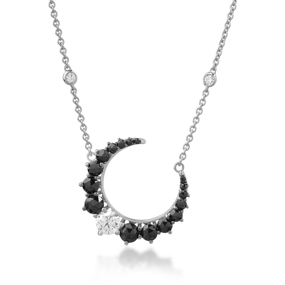 Lant cu pandantiv semiluna din aur alb cu diamante negre rose de 1.03ct si diamante transparente de 0.65ct