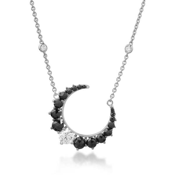 Lant cu pandantiv semiluna din aur alb cu diamante negre rose de 1.03ct si diamante transparente de 0.65ct