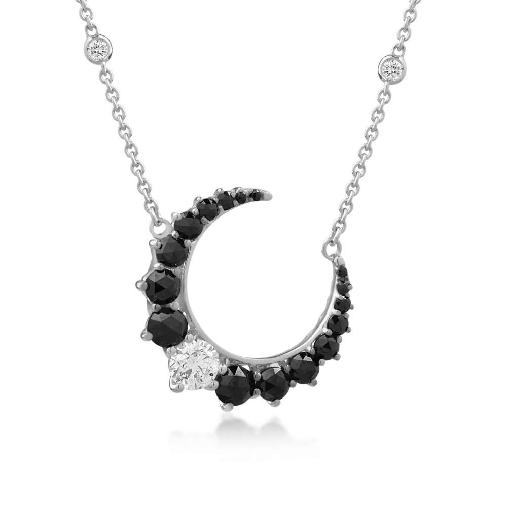 Lant cu pandantiv semiluna din aur alb cu diamante negre rose de 1.03ct si diamante transparente de 0.65ct - imagine 2