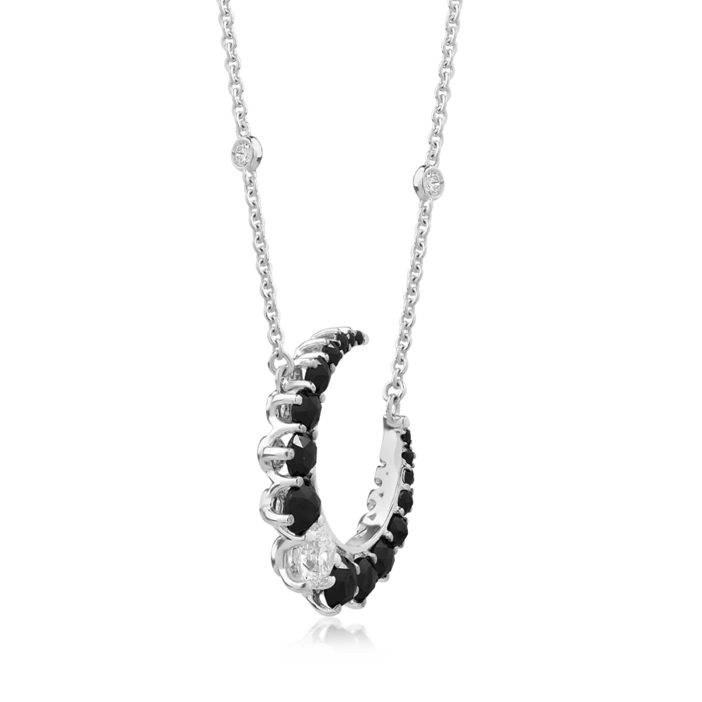 Lant cu pandantiv semiluna din aur alb cu diamante negre rose de 1.03ct si diamante transparente de 0.65ct - imagine 3