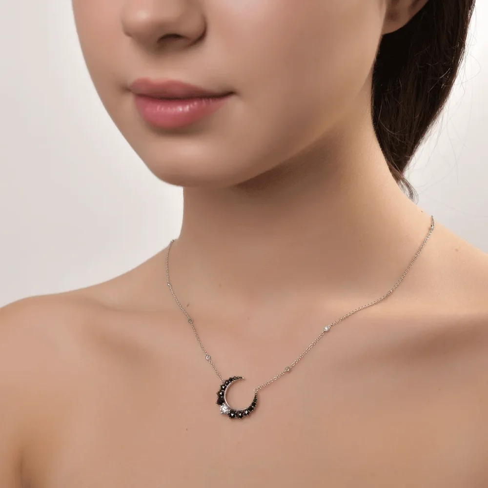 Lant cu pandantiv semiluna din aur alb cu diamante negre rose de 1.03ct si diamante transparente de 0.65ct - imagine 4