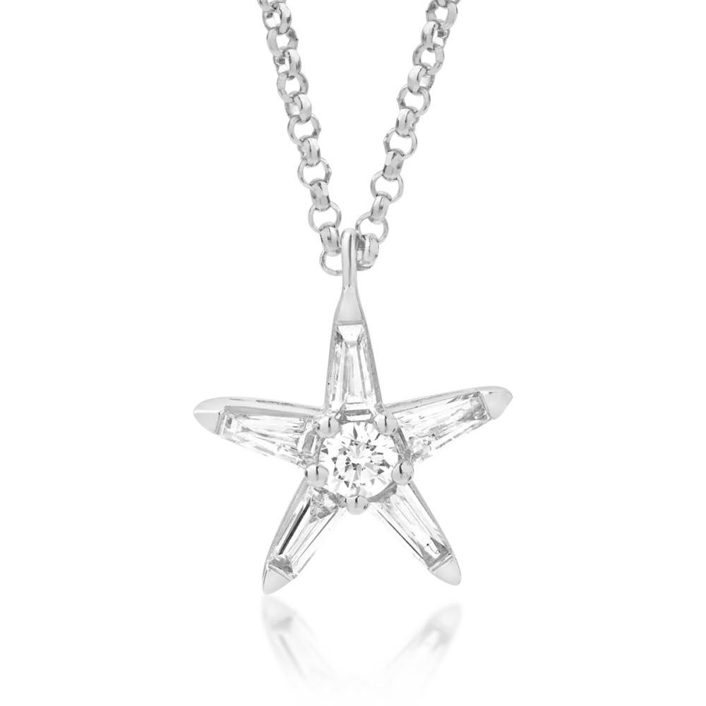 Lant cu pandantiv steluta din aur alb cu diamante baguette si rotunde de 0.27ct