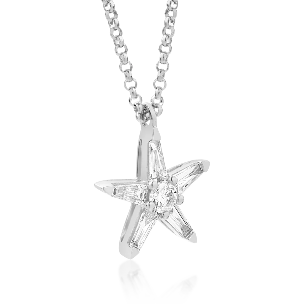 Lant cu pandantiv steluta din aur alb cu diamante baguette si rotunde de 0.27ct - imagine 2