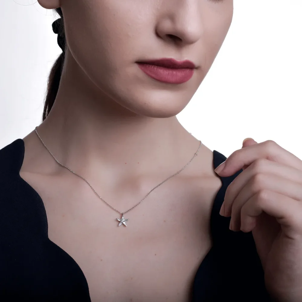 Lant cu pandantiv steluta din aur alb cu diamante baguette si rotunde de 0.27ct - imagine 4