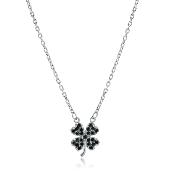 Lant cu pandantiv trifoi din aur alb cu zirconiii negre