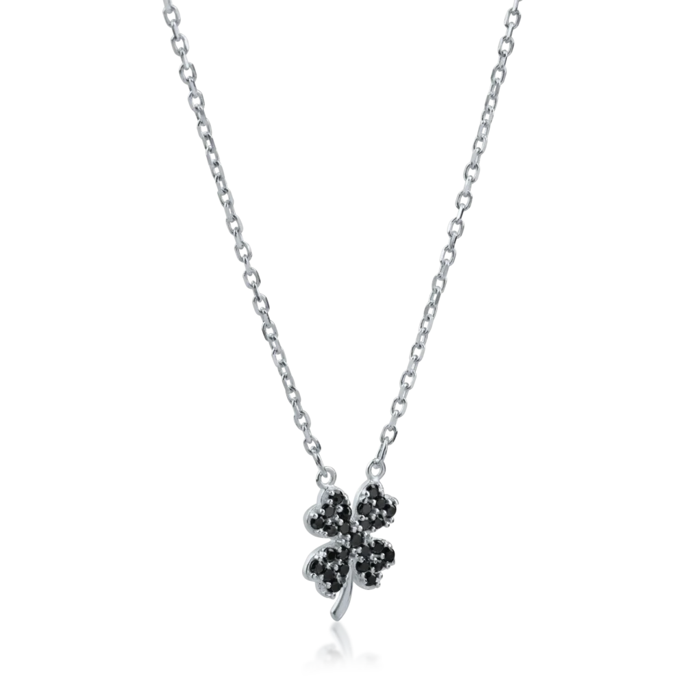 Lant cu pandantiv trifoi din aur alb cu zirconiii negre - imagine 2