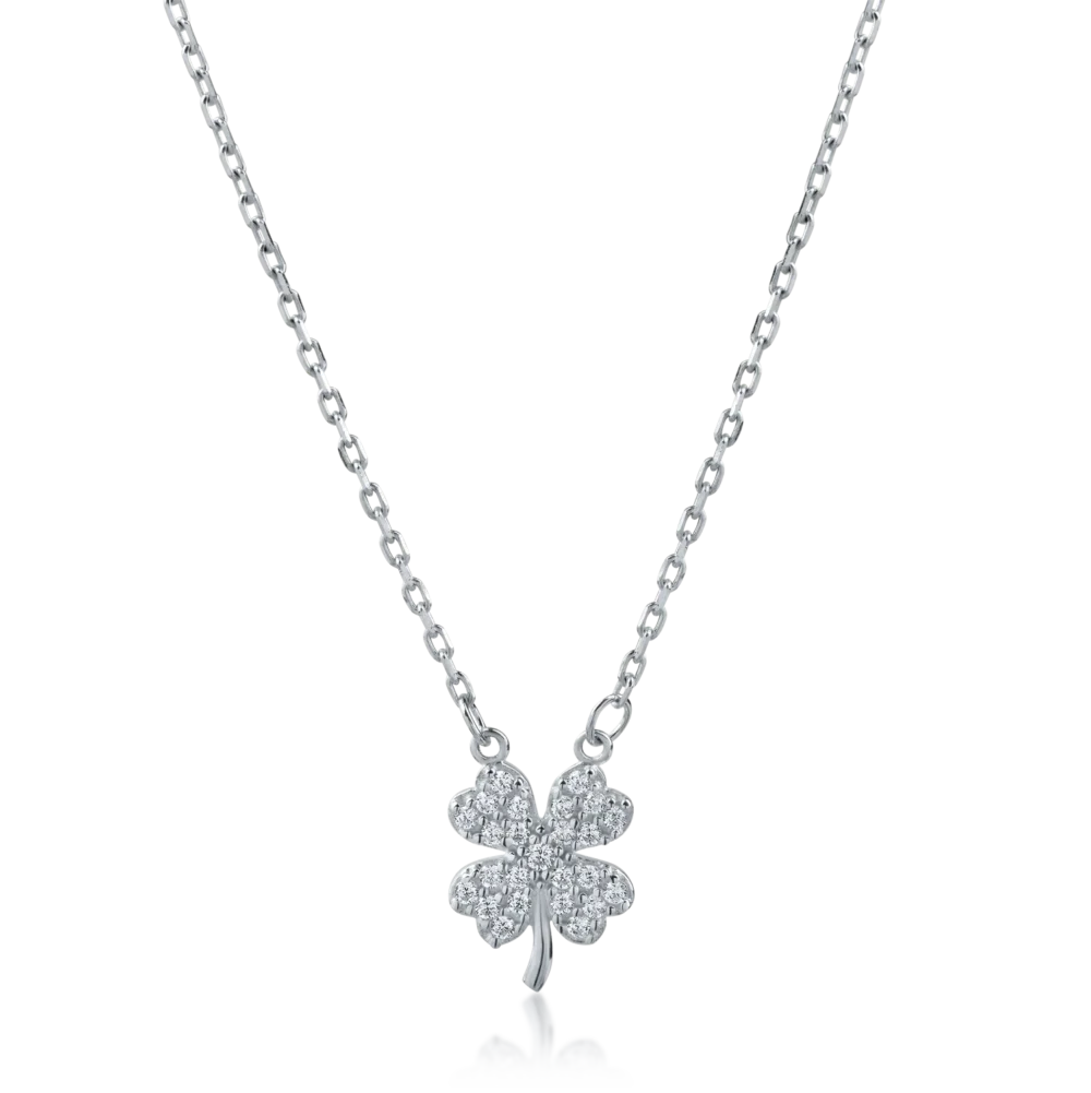 Lant cu pandantiv trifoi din aur alb cu zirconiii