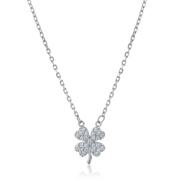 Lant cu pandantiv trifoi din aur alb cu zirconiii