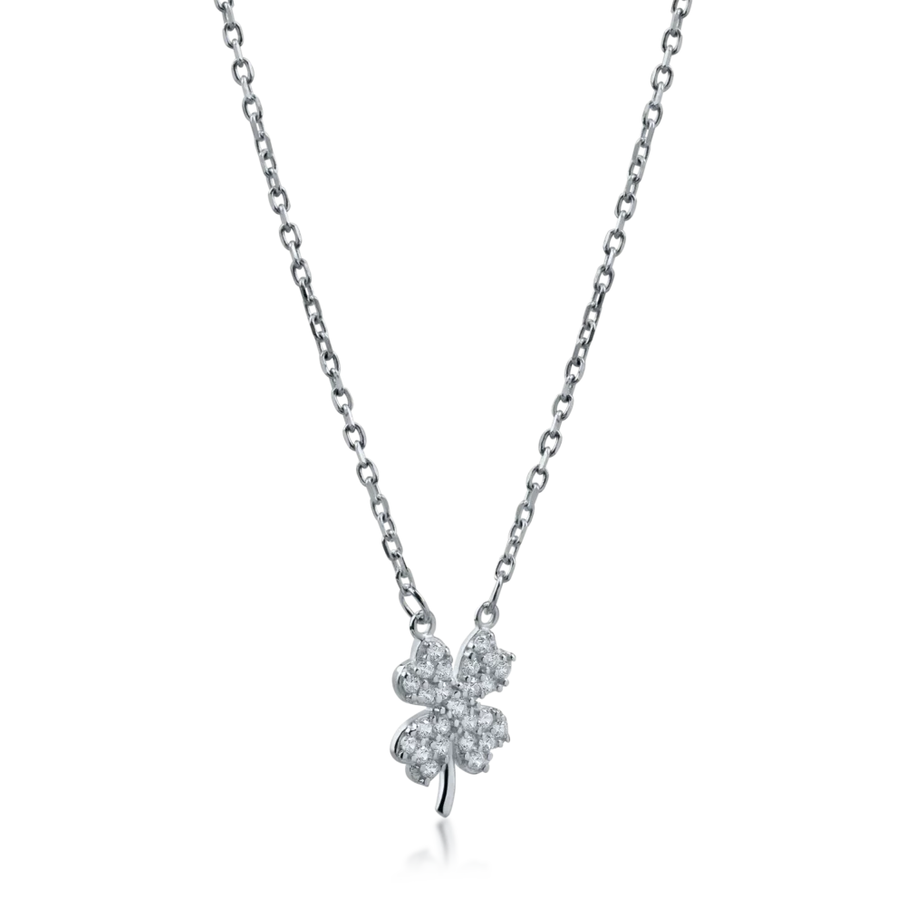 Lant cu pandantiv trifoi din aur alb cu zirconiii - imagine 2