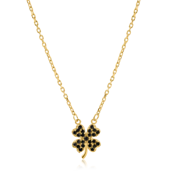 Lant cu pandantiv trifoi din aur galben cu zirconii negre