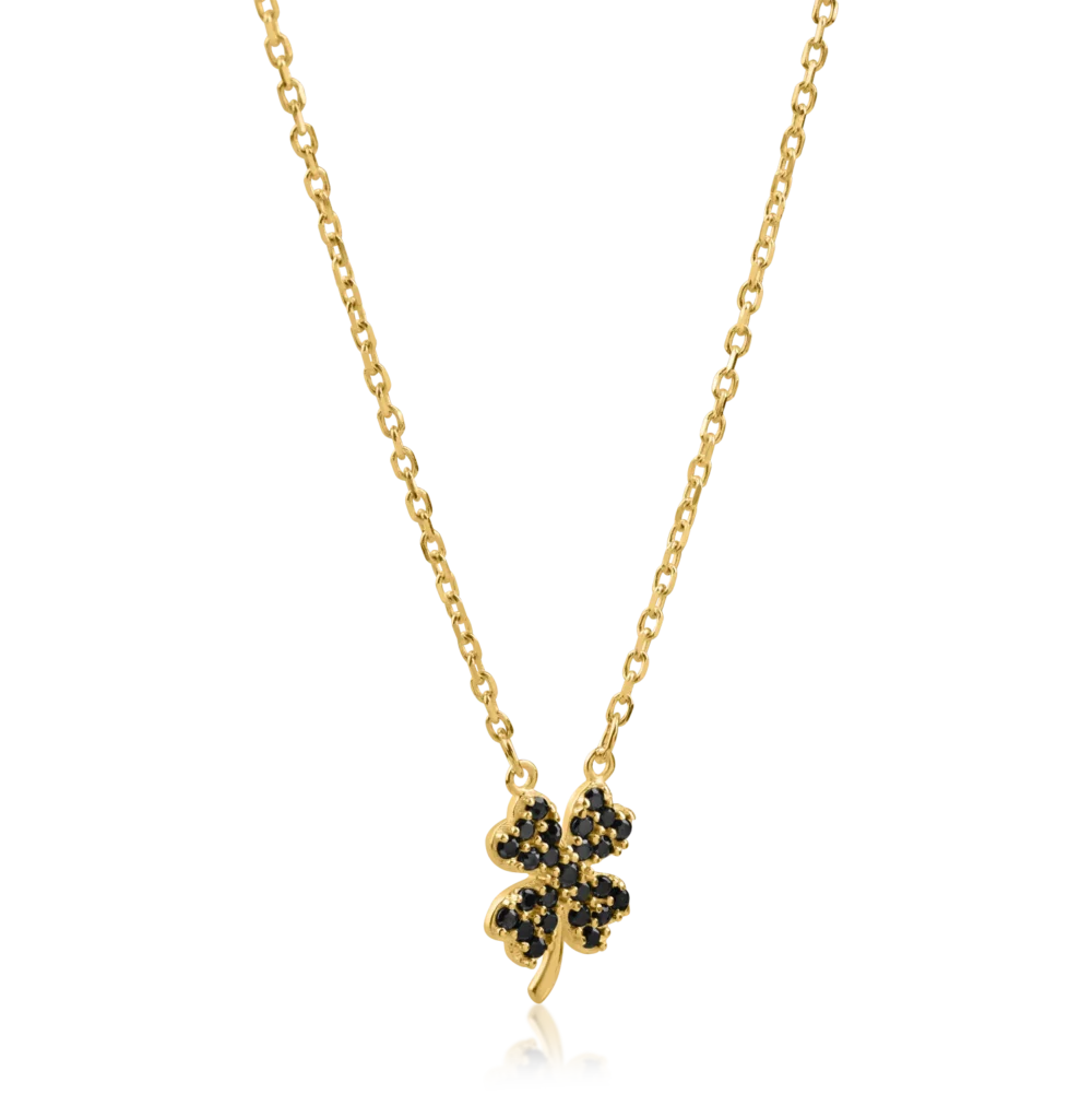 Lant cu pandantiv trifoi din aur galben cu zirconii negre - imagine 2