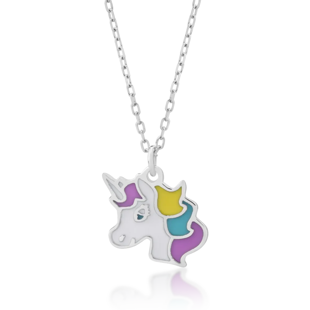 Lant cu pandantiv unicorn din aur alb si insertii multicolore pentru copii