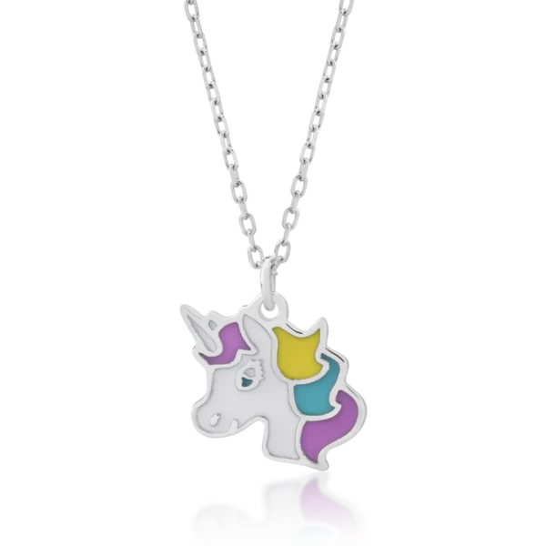 Lant cu pandantiv unicorn din aur alb si insertii multicolore pentru copii