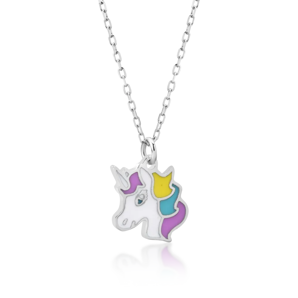 Lant cu pandantiv unicorn din aur alb si insertii multicolore pentru copii - imagine 2