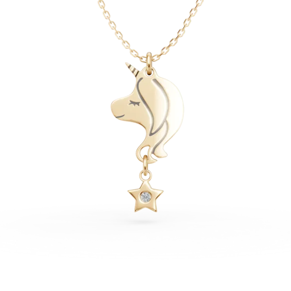 Lant cu pandantiv unicorn din aur galben cu diamant de 0.009ct pentru copii